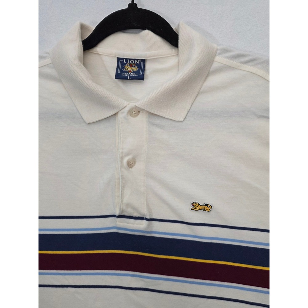 Lion Brand Polo Shirt Striped Large Cream Vintage 90s Preppy